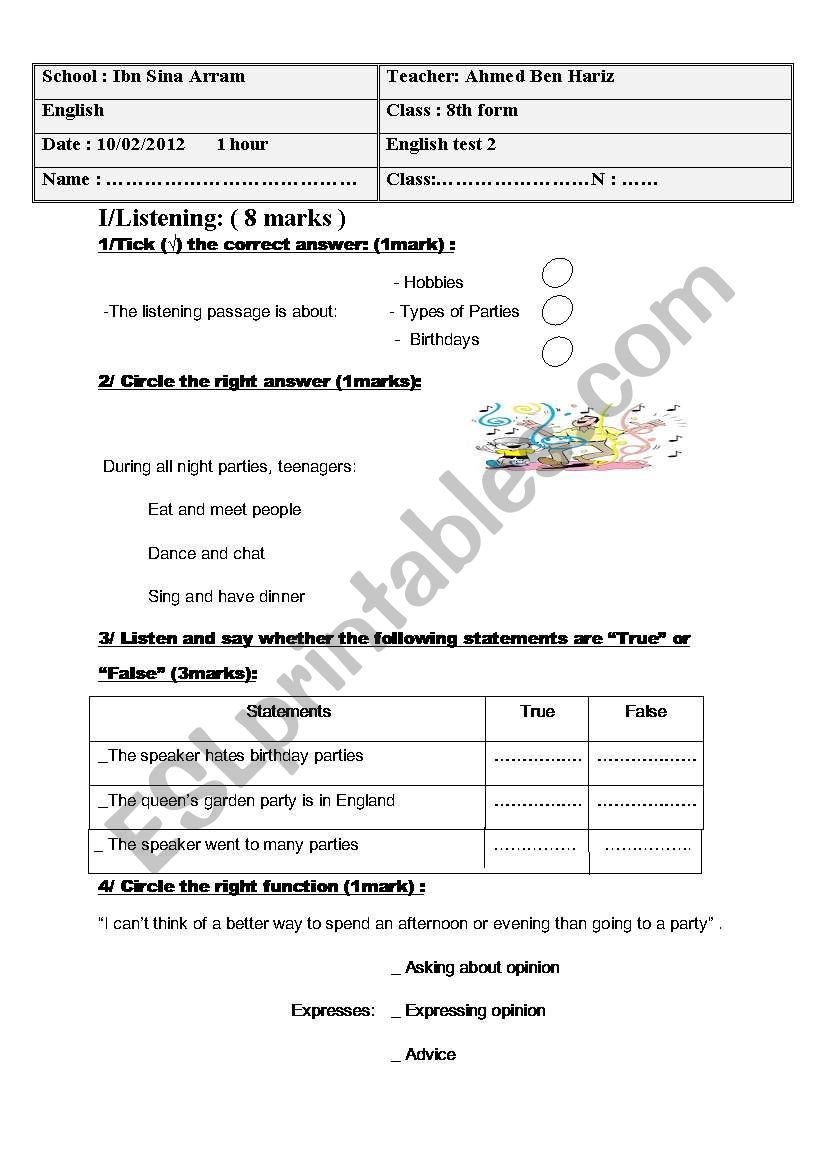 Exam : listening / language / vocabluary (8th form ) Test n 2