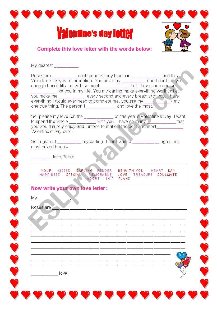 Valentines day letter worksheet