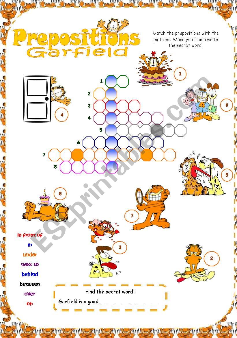 Prepositions crossword with Garfield