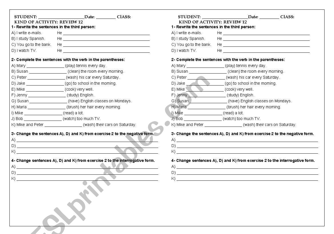 REVIEW 12 7 TH GRADE, SIMPLE PRESENT, AFFIRMATIVE, NEGATIVE, INTERROGATIVE