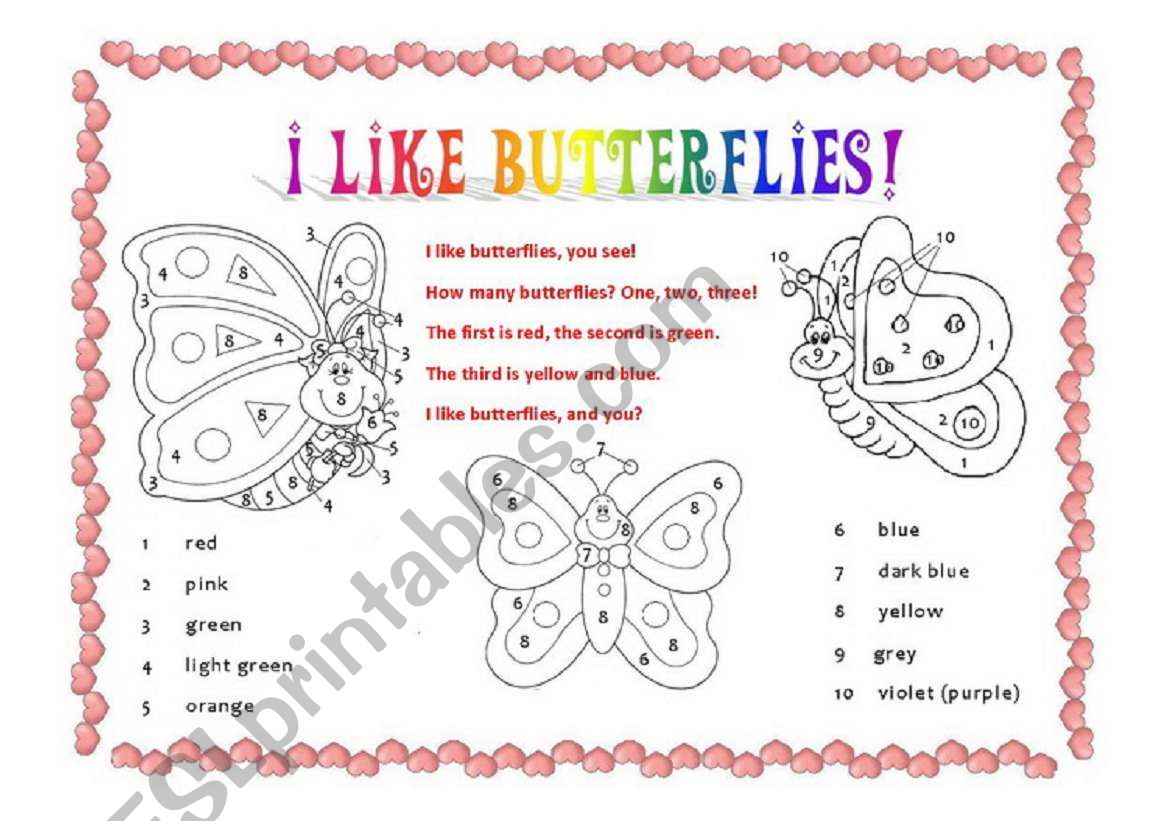 Butterflies. Learn the poem and color by numbers