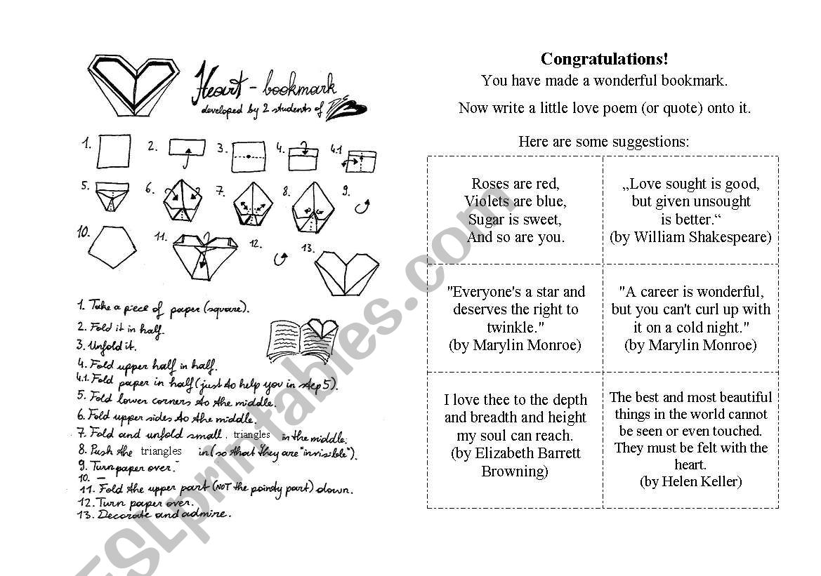 origami heart bookmark + love poems