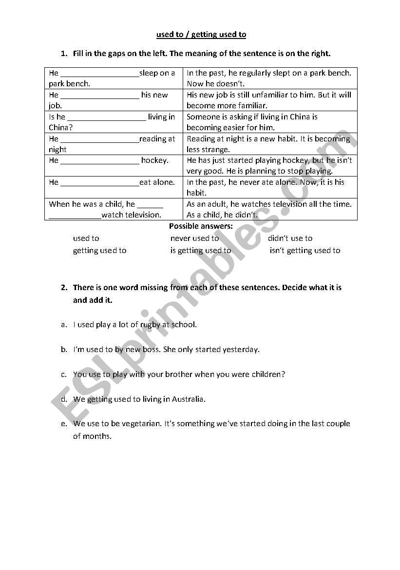 used to worksheet