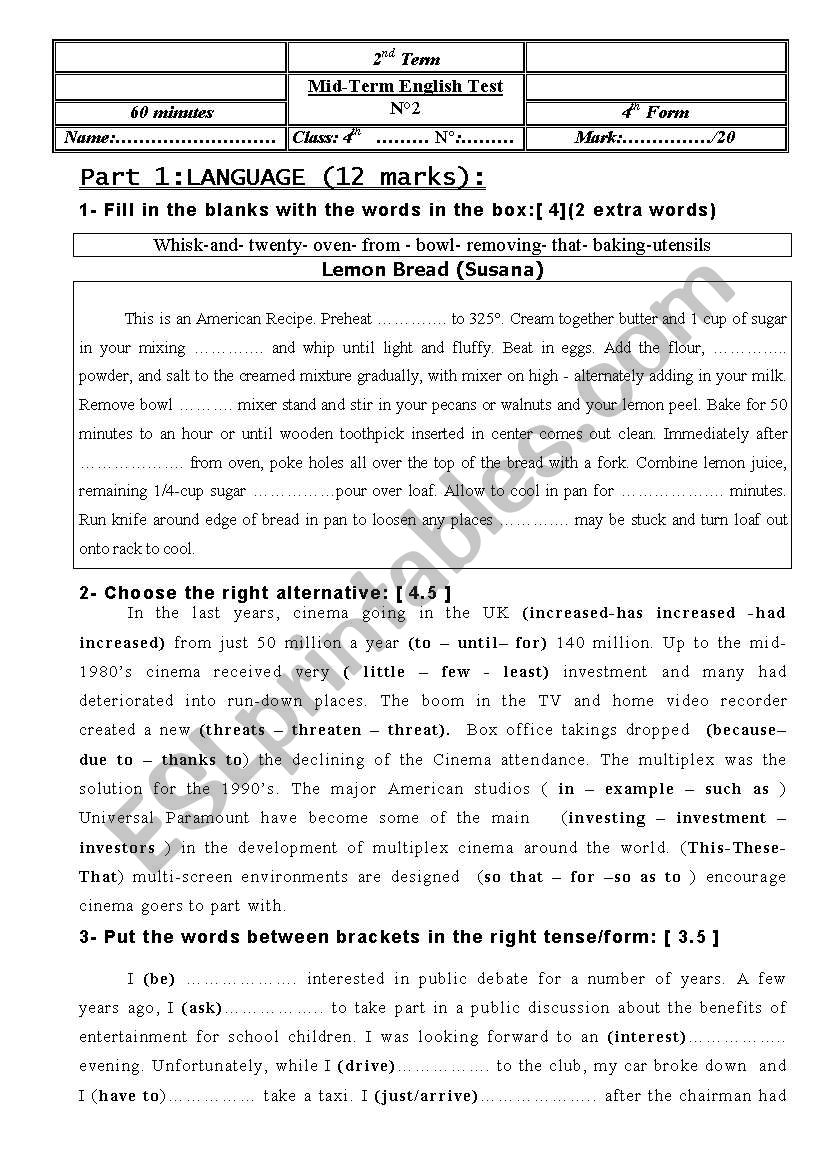 Test for Bac students worksheet