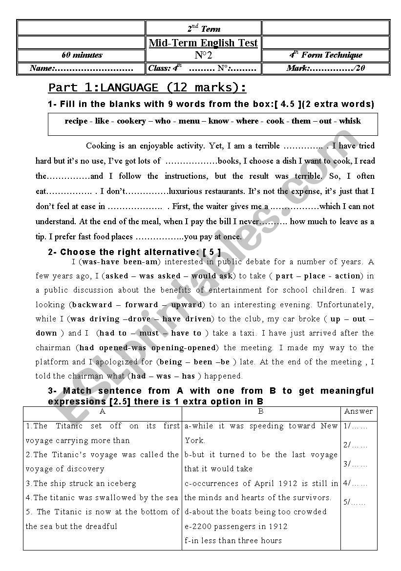 Test for Bac students worksheet