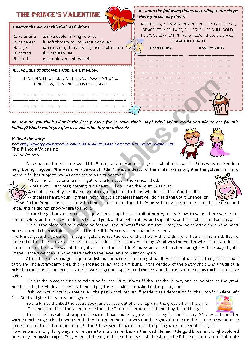 THE PRINCES VALENTINE worksheet