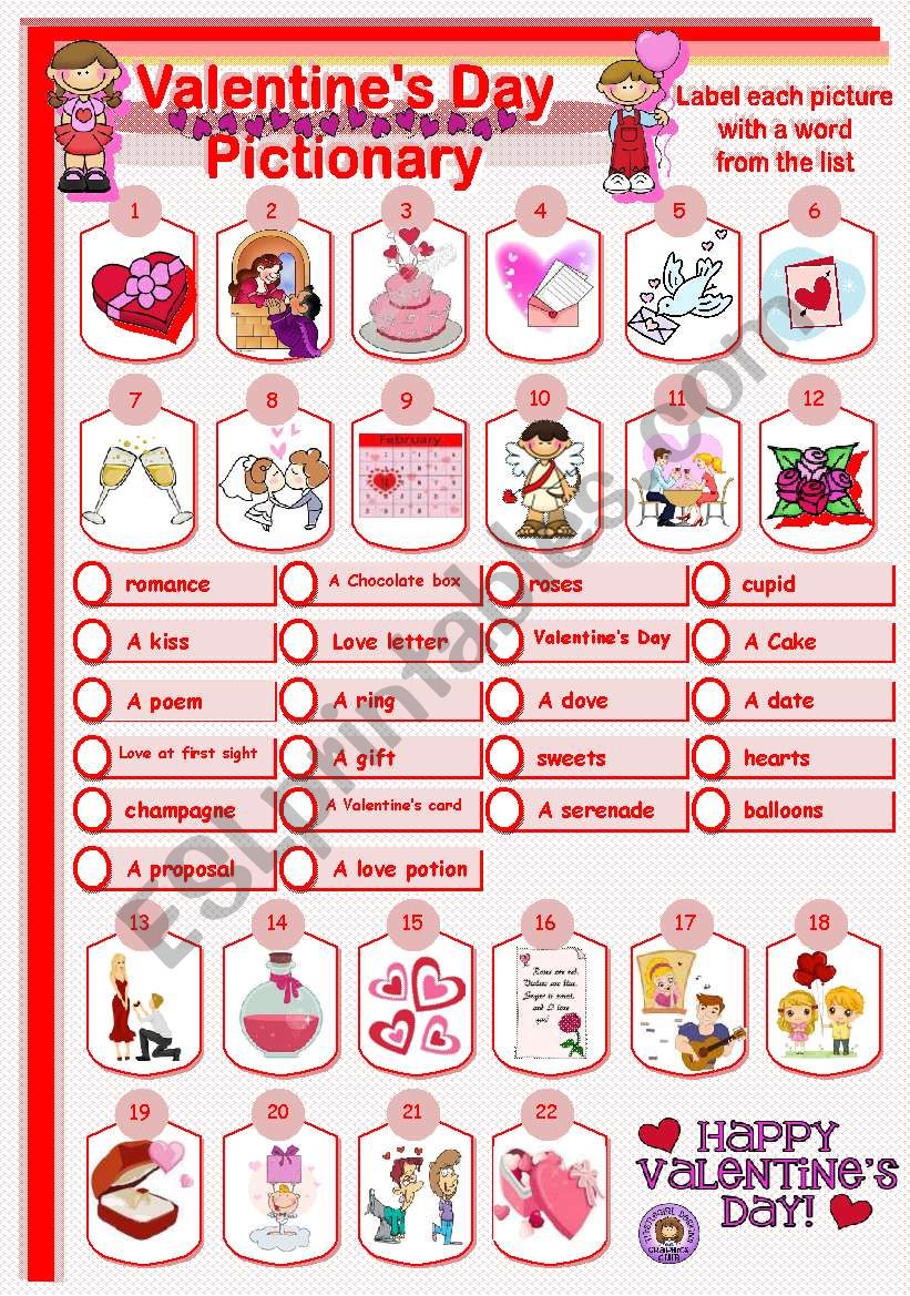 VALENTINEÂ´S DAY PICTIONARY worksheet