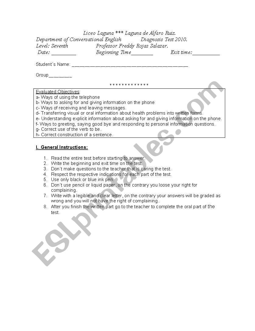 dagnosis test worksheet