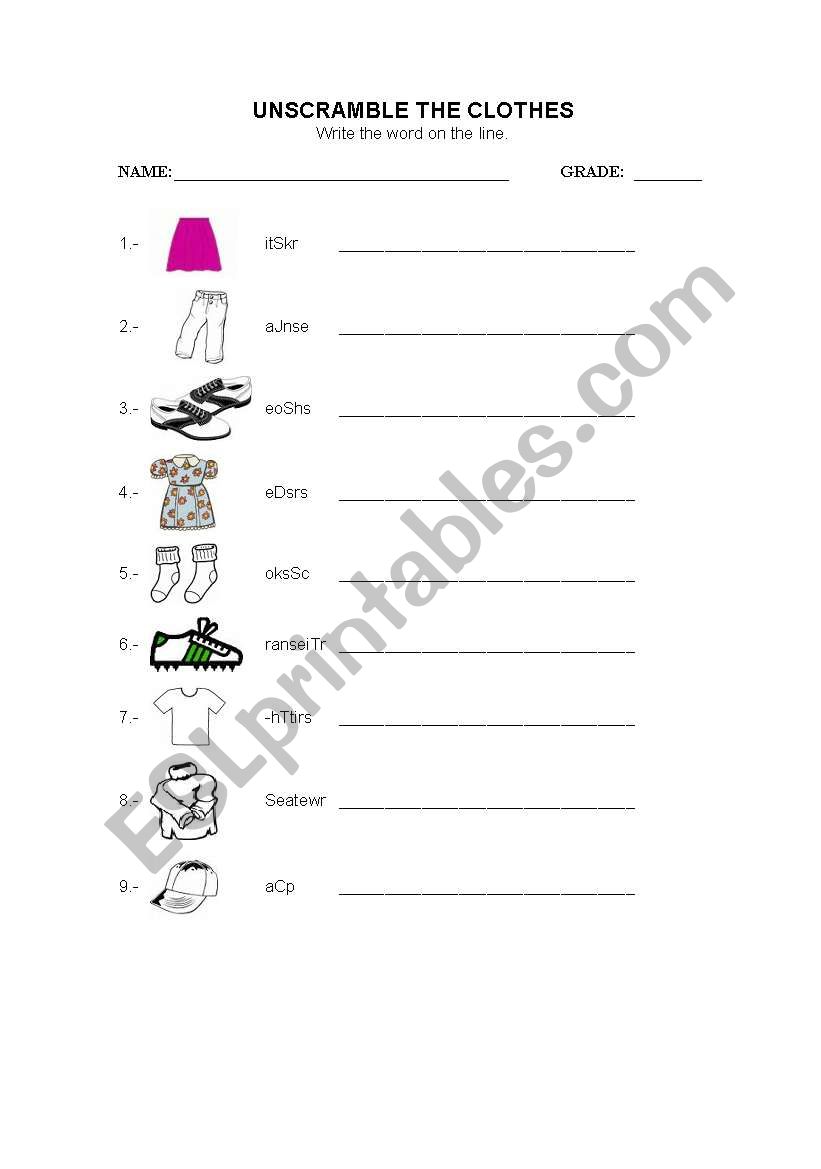 clothes unscramble worksheet