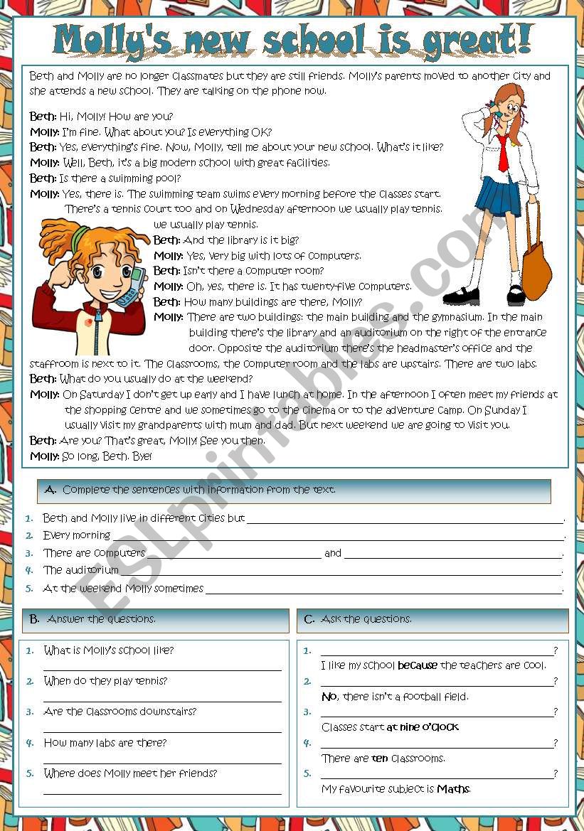MollyÂ´s new school is great! worksheet