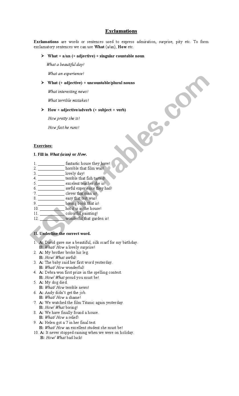 Exclamations worksheet