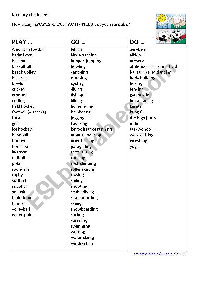 SPORTS Memory Challenge worksheet