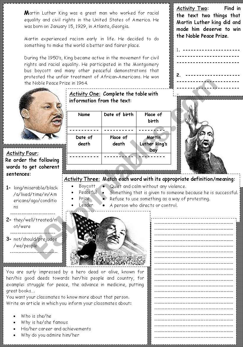 Martin Luther King: reading +  comprehension activities+ writing activity