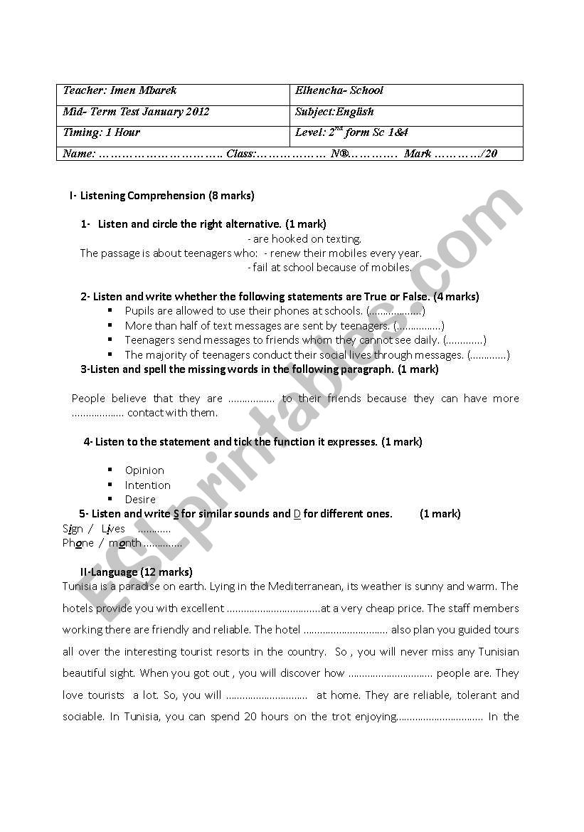 mid term test 2 (2 nd form science)