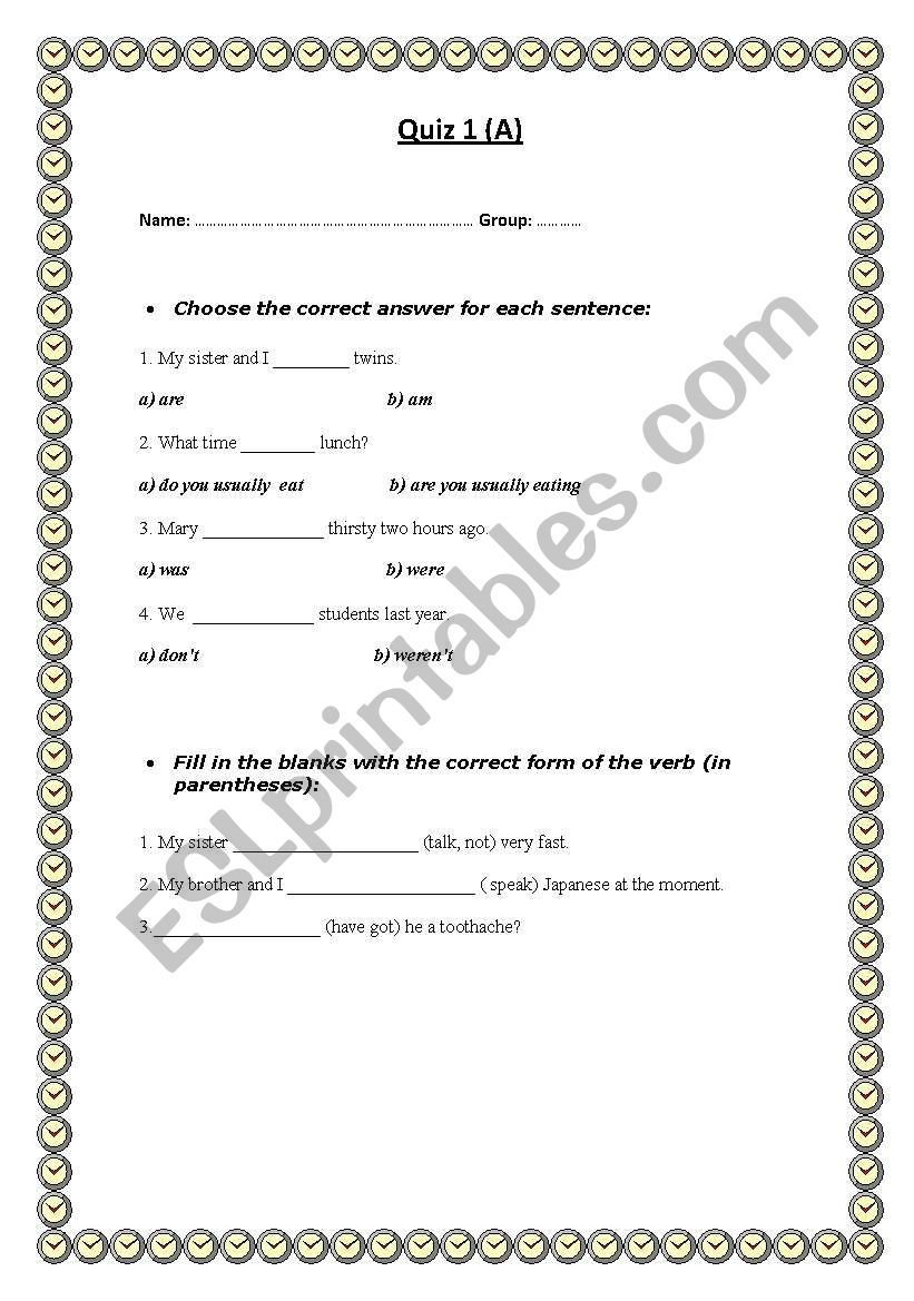 verb tesnses quiz worksheet