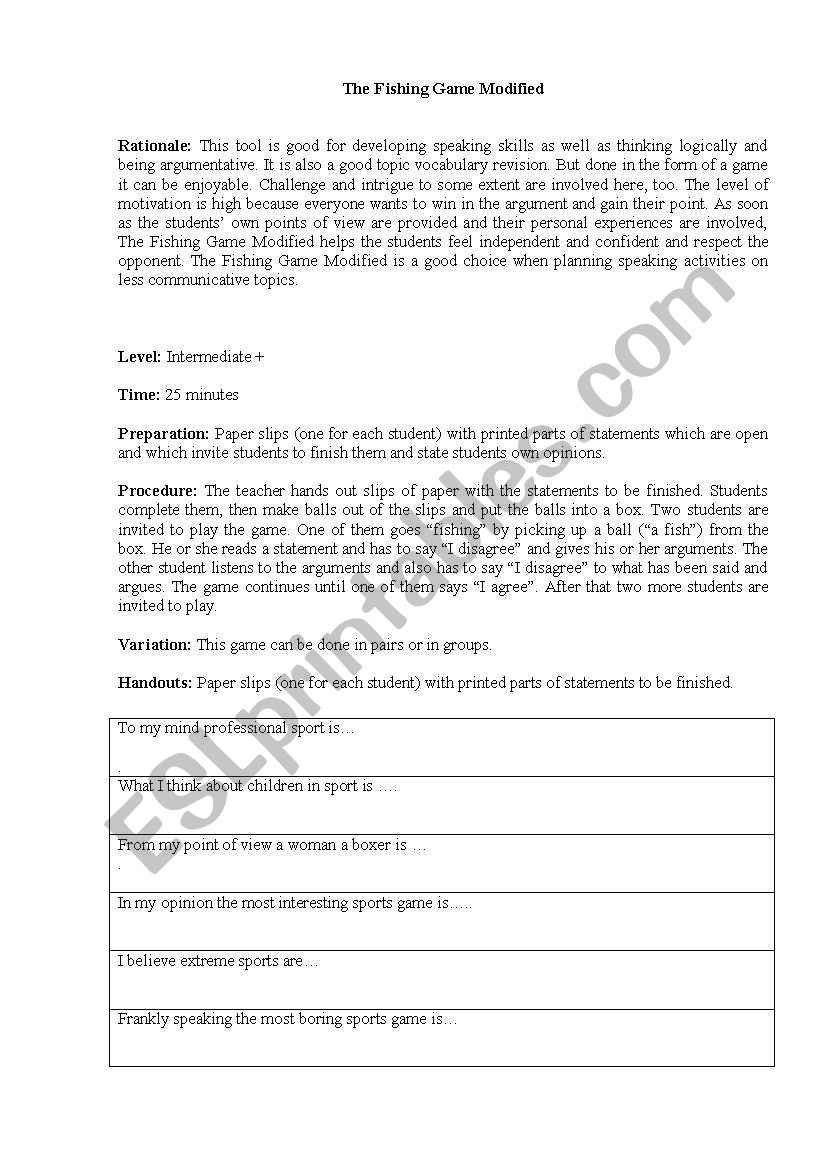 The Fishing Game Modified worksheet