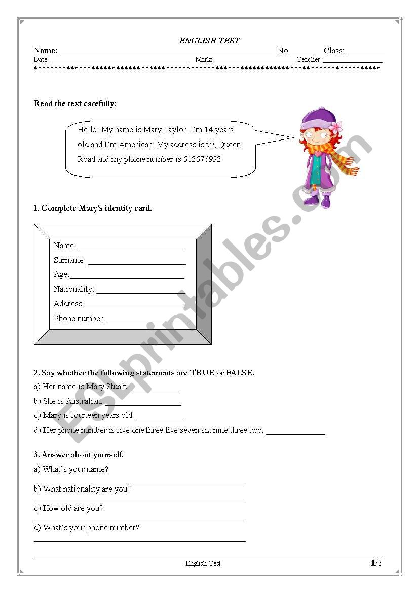 Test: reading exercises, personal information, personal pronouns, verb to be, numbers