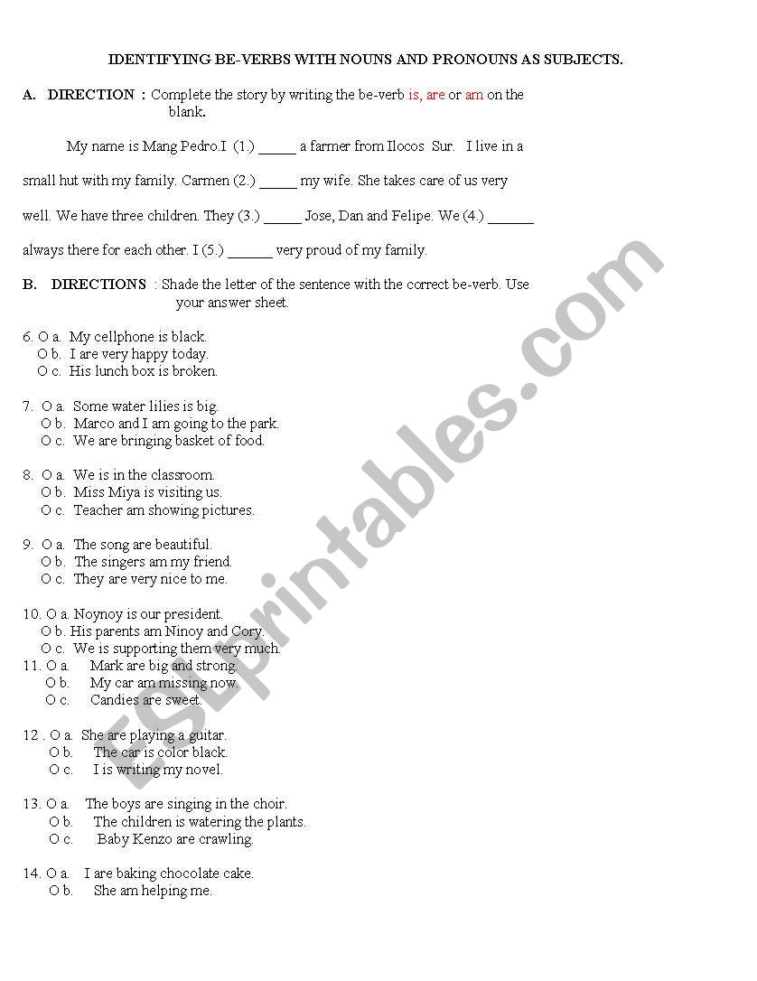 Identifying be-verbs worksheet
