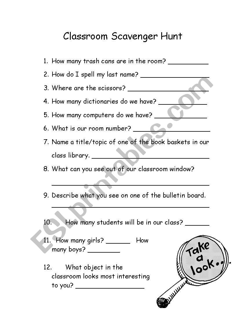 Classroom Scavenger Hunt worksheet