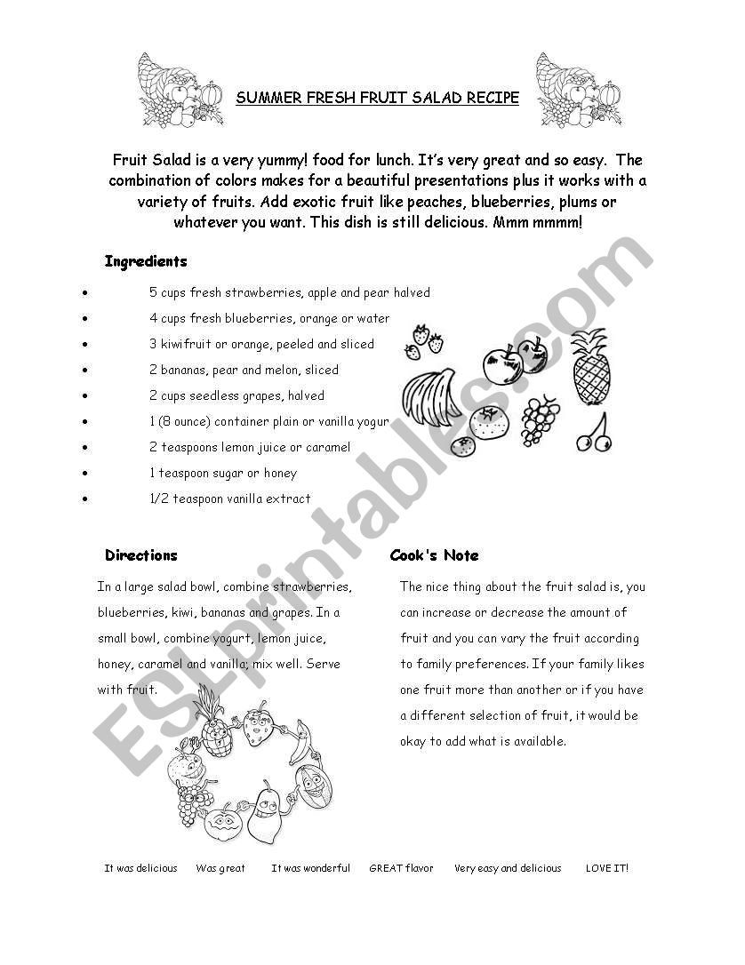 Fresh fruit salad recipe worksheet