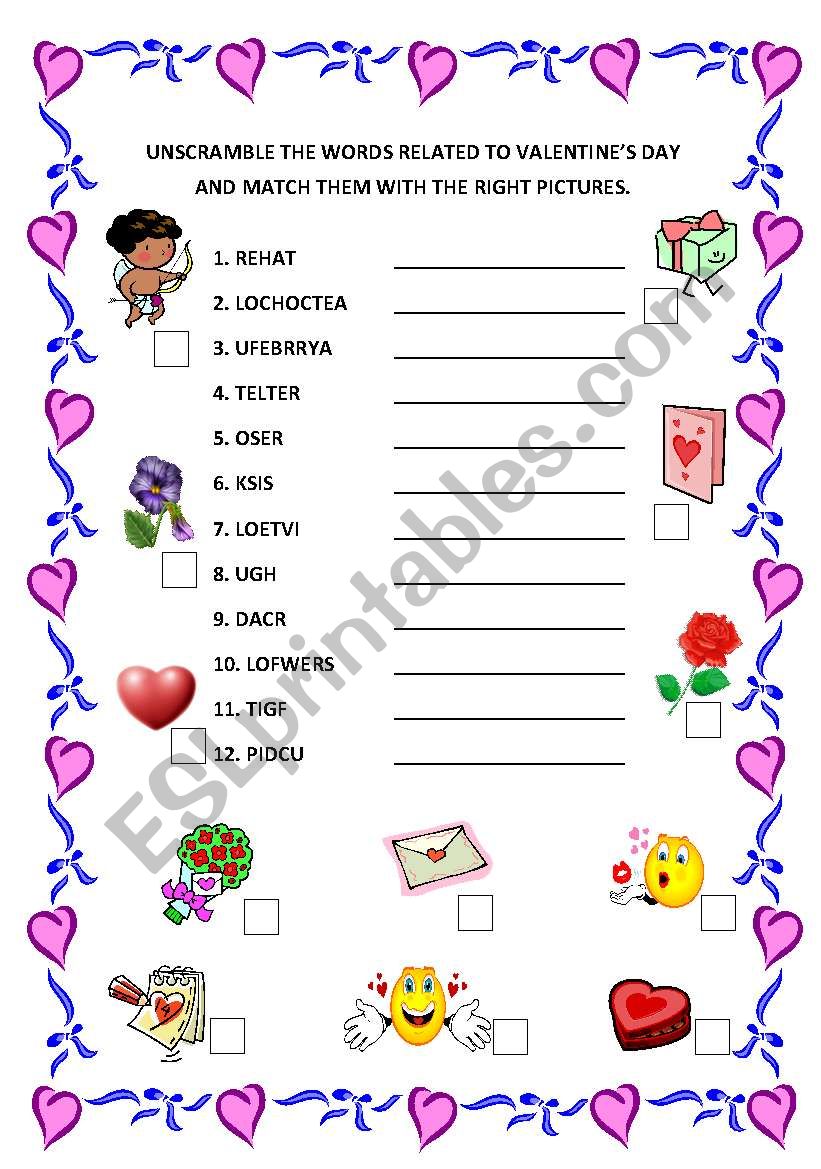 ValentineÂ´s Day Unscramble worksheet