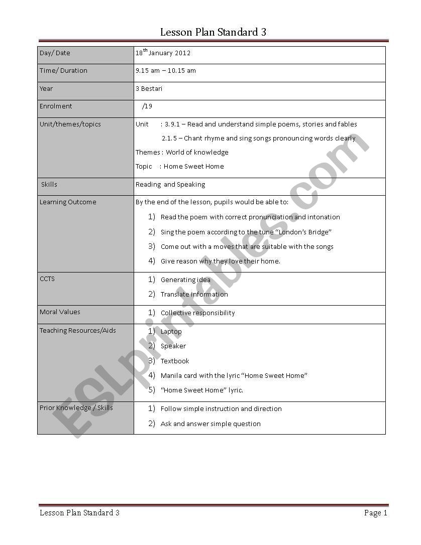 Home Sweet Home Song worksheet