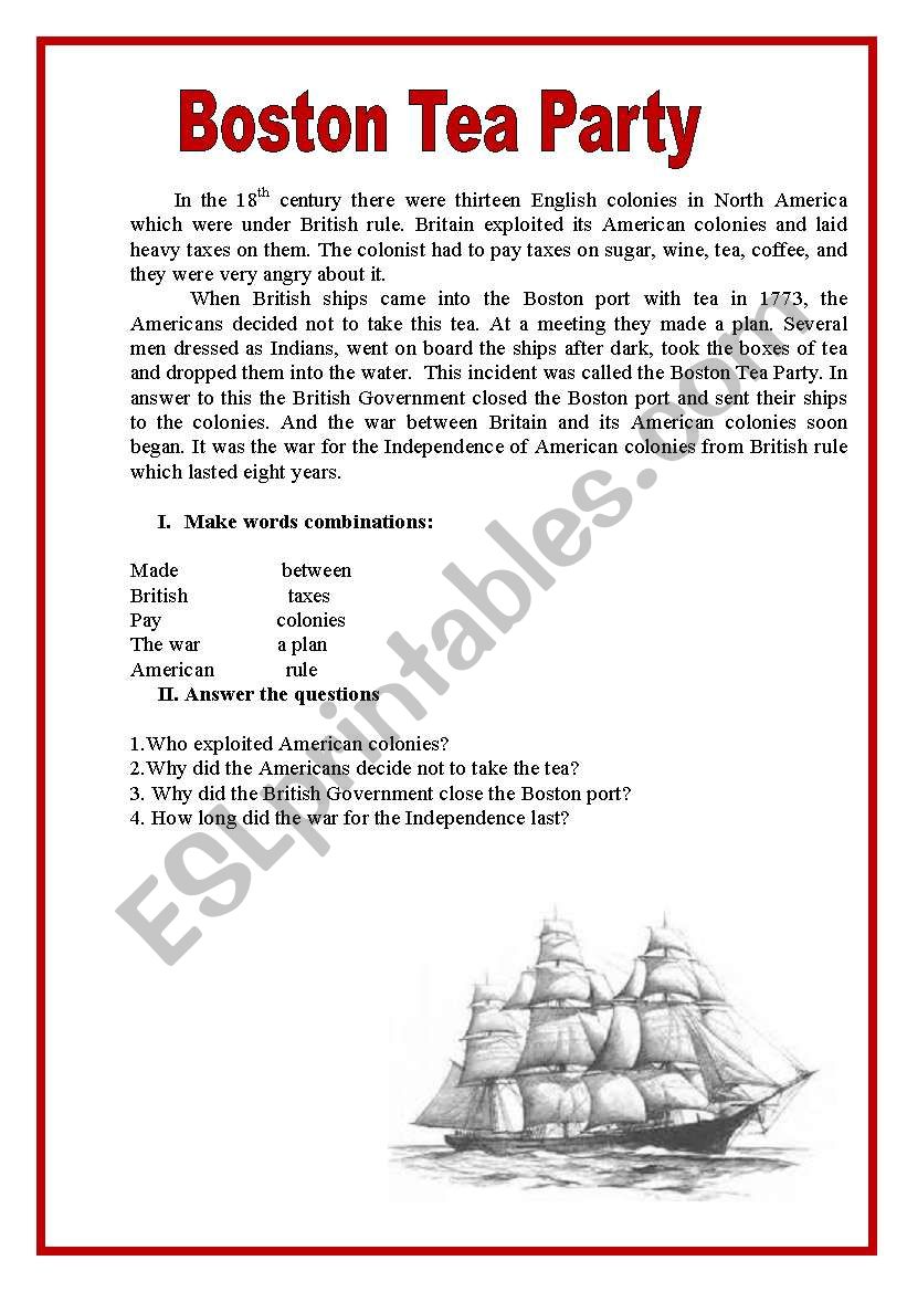 BOSTON TEA PARTY - ESL worksheet by spankevich With Regard To Boston Tea Party Worksheet