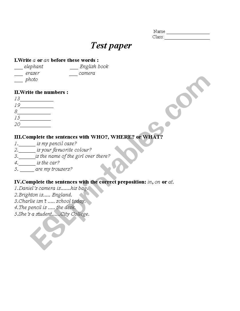 Test paper worksheet
