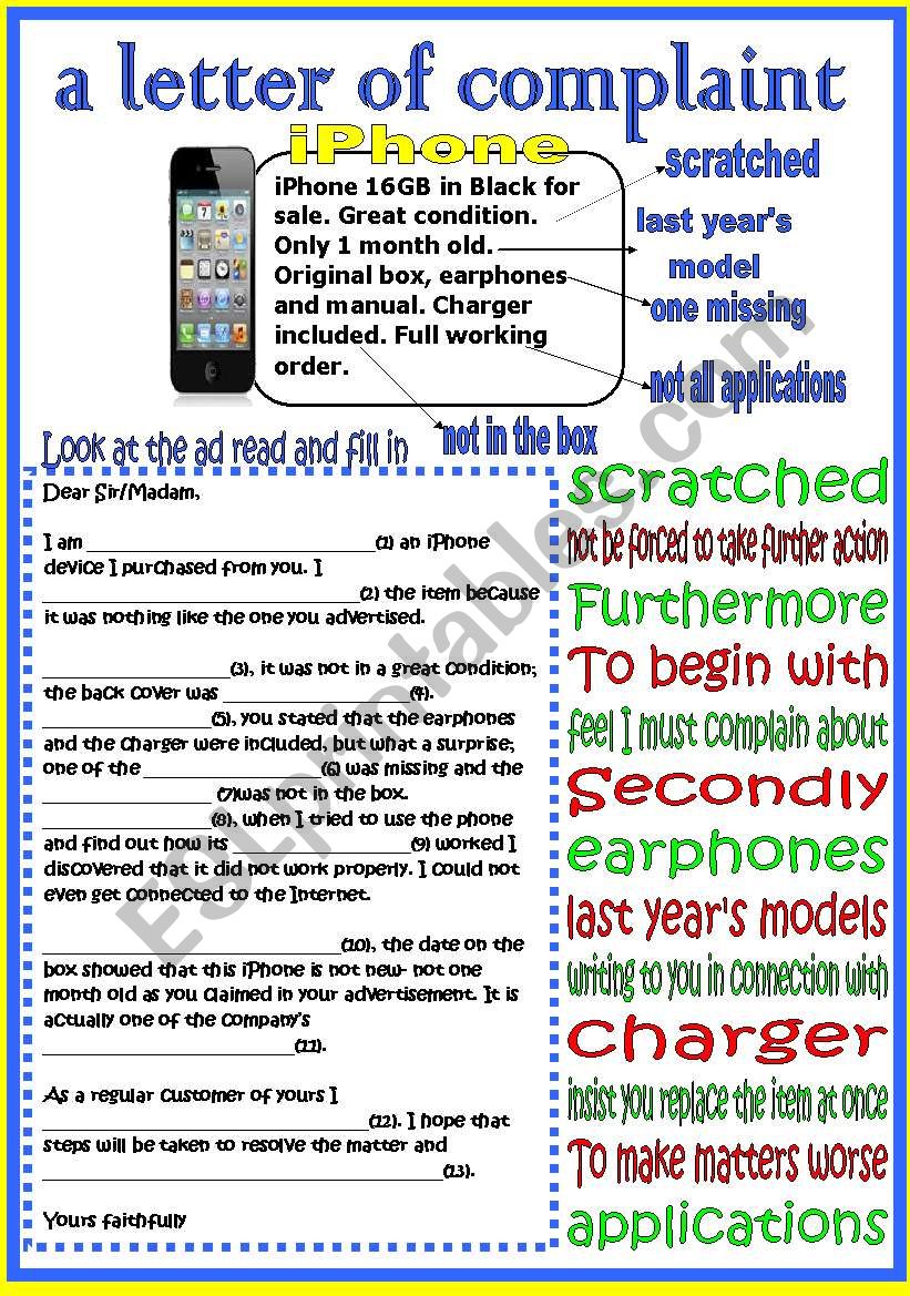 a letter of complaint worksheet