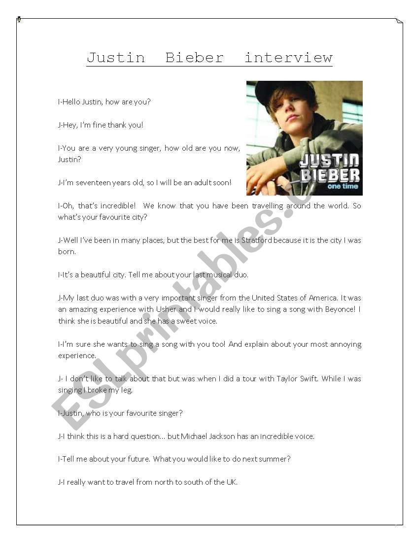 Justin Bieber interveiw worksheet