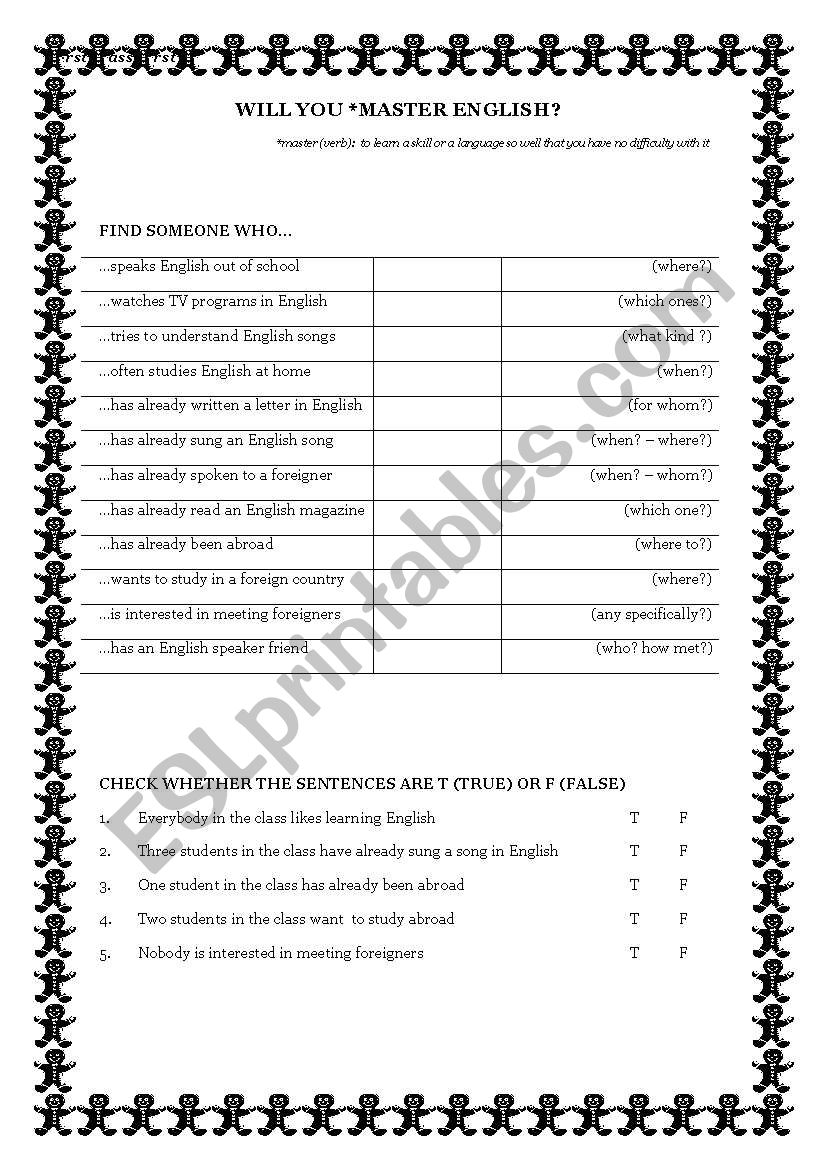 First Class First - WARM UP worksheet