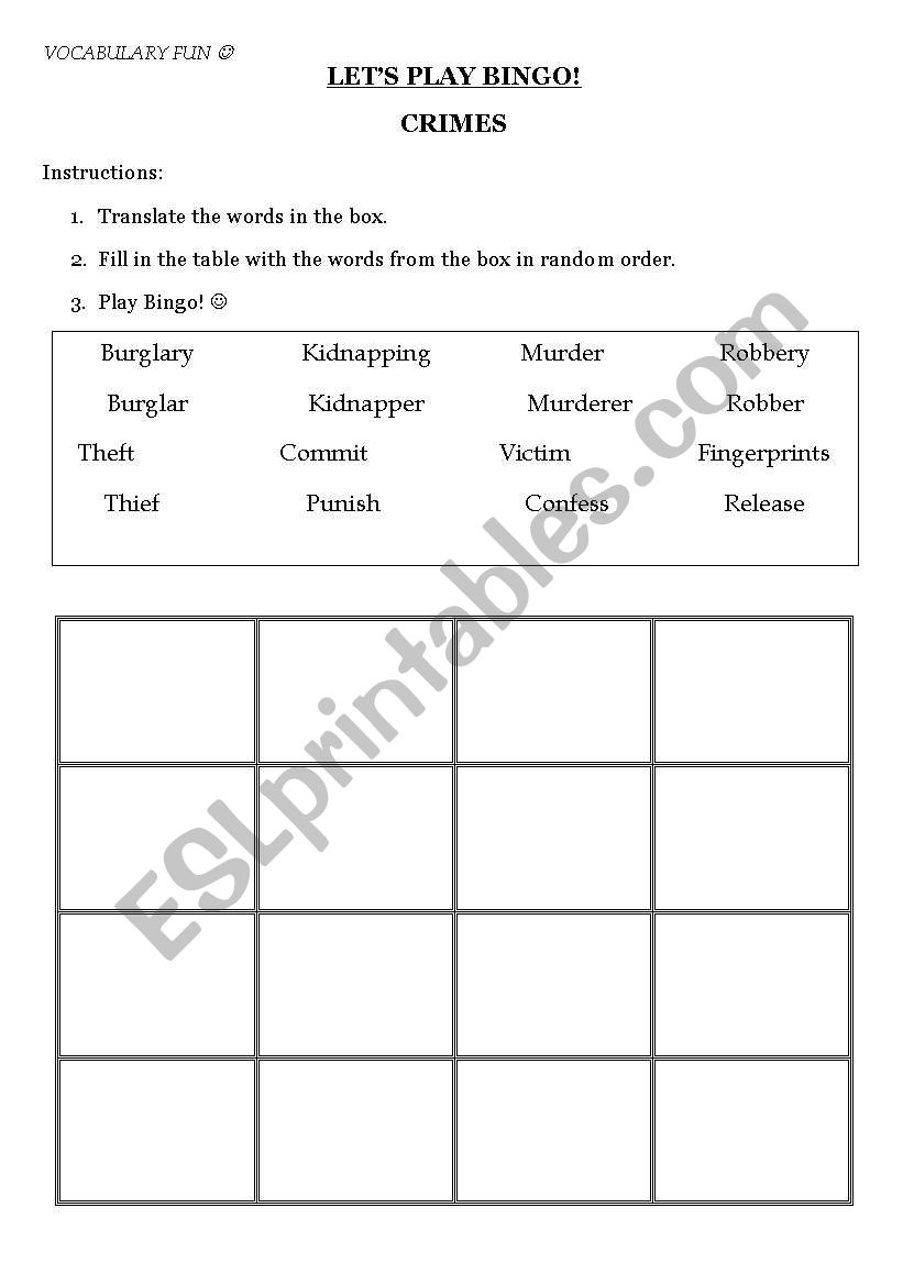 Crimes BINGO worksheet