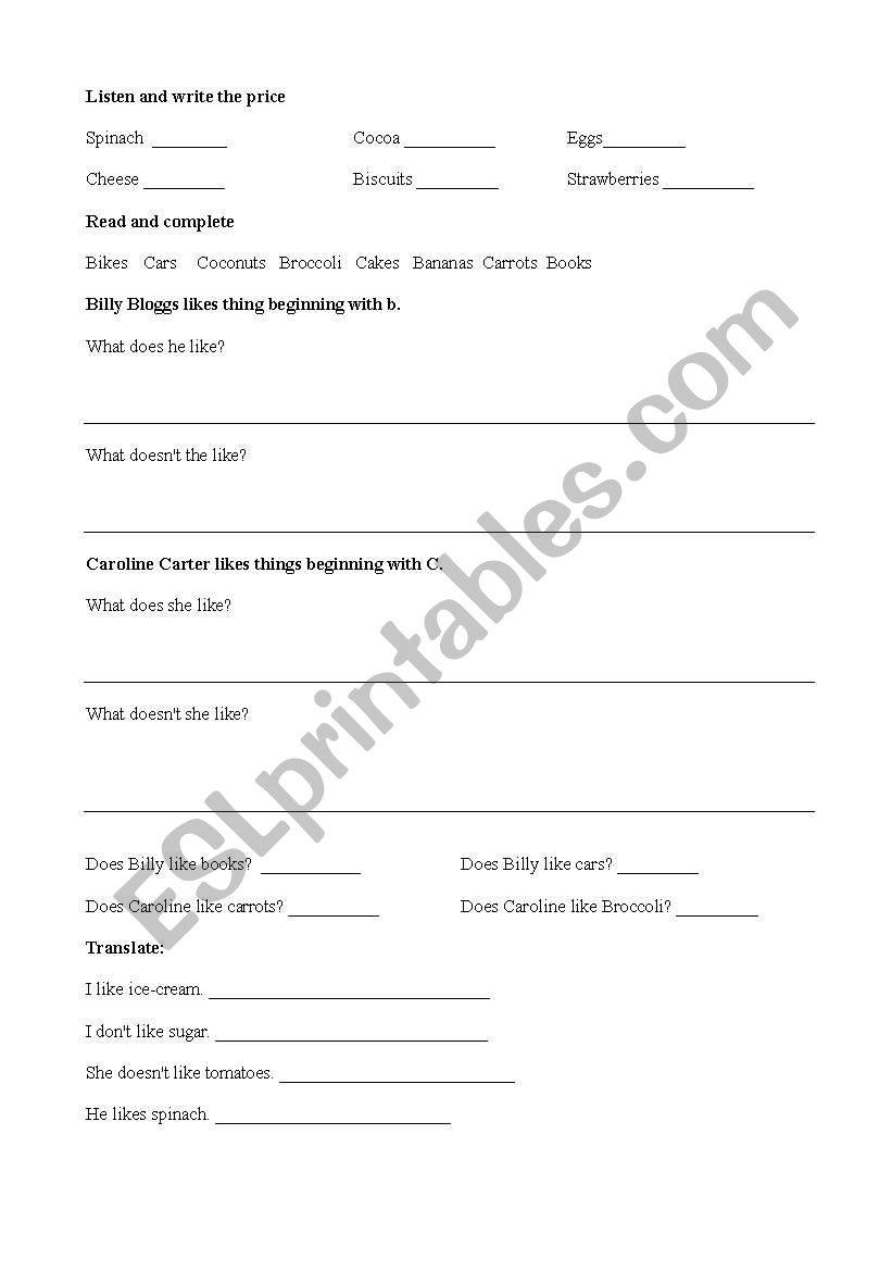 food he/she likes and prices worksheet