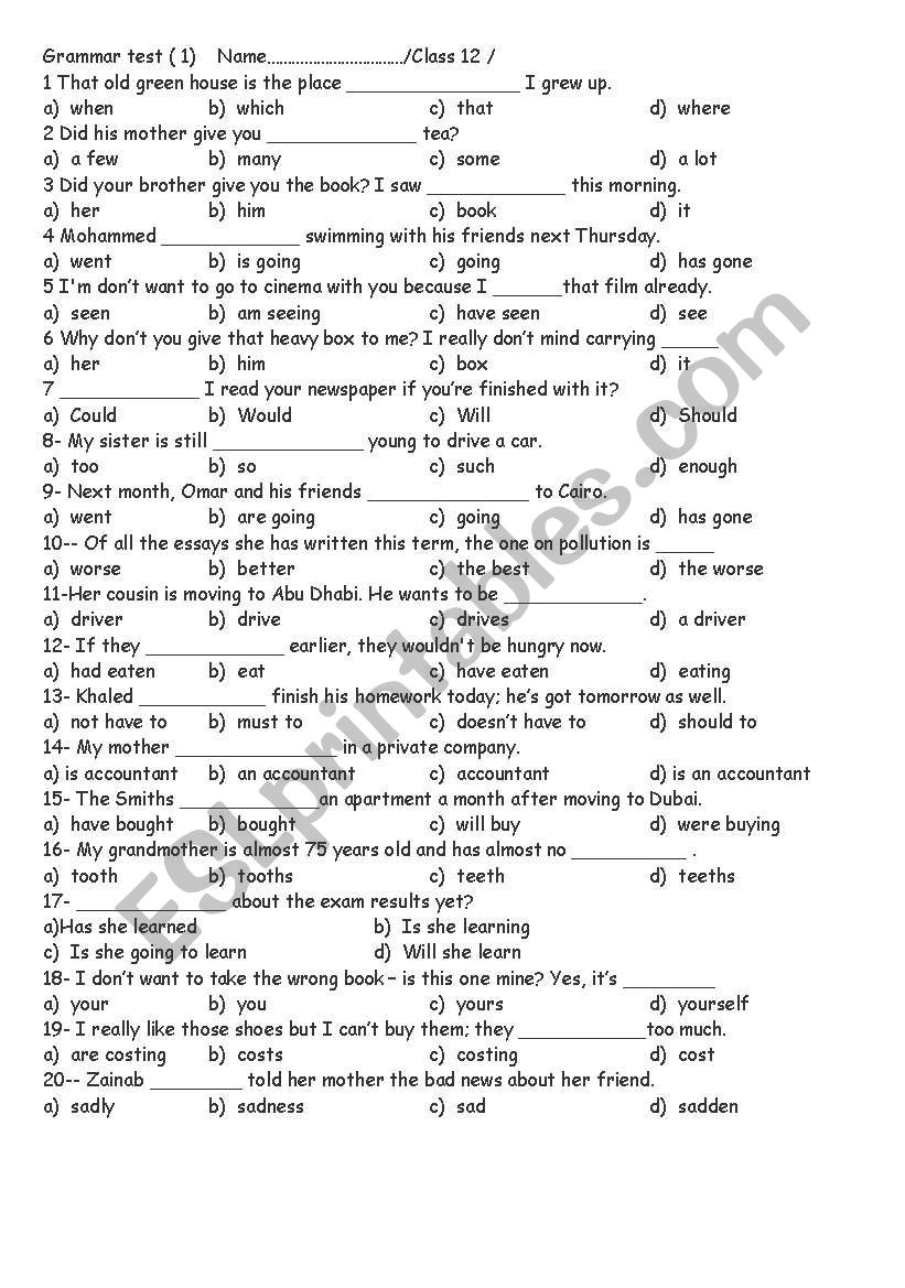 grammar test worksheet