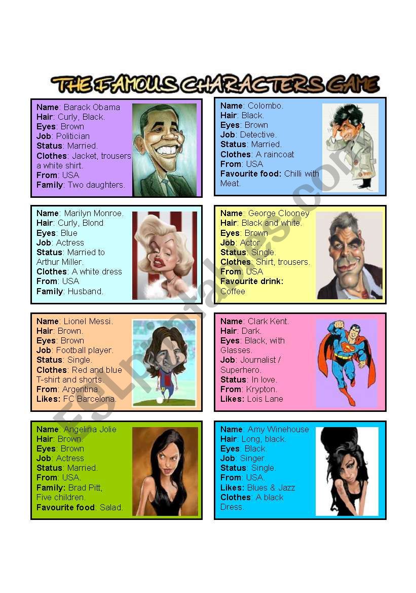 The famous characters Game worksheet