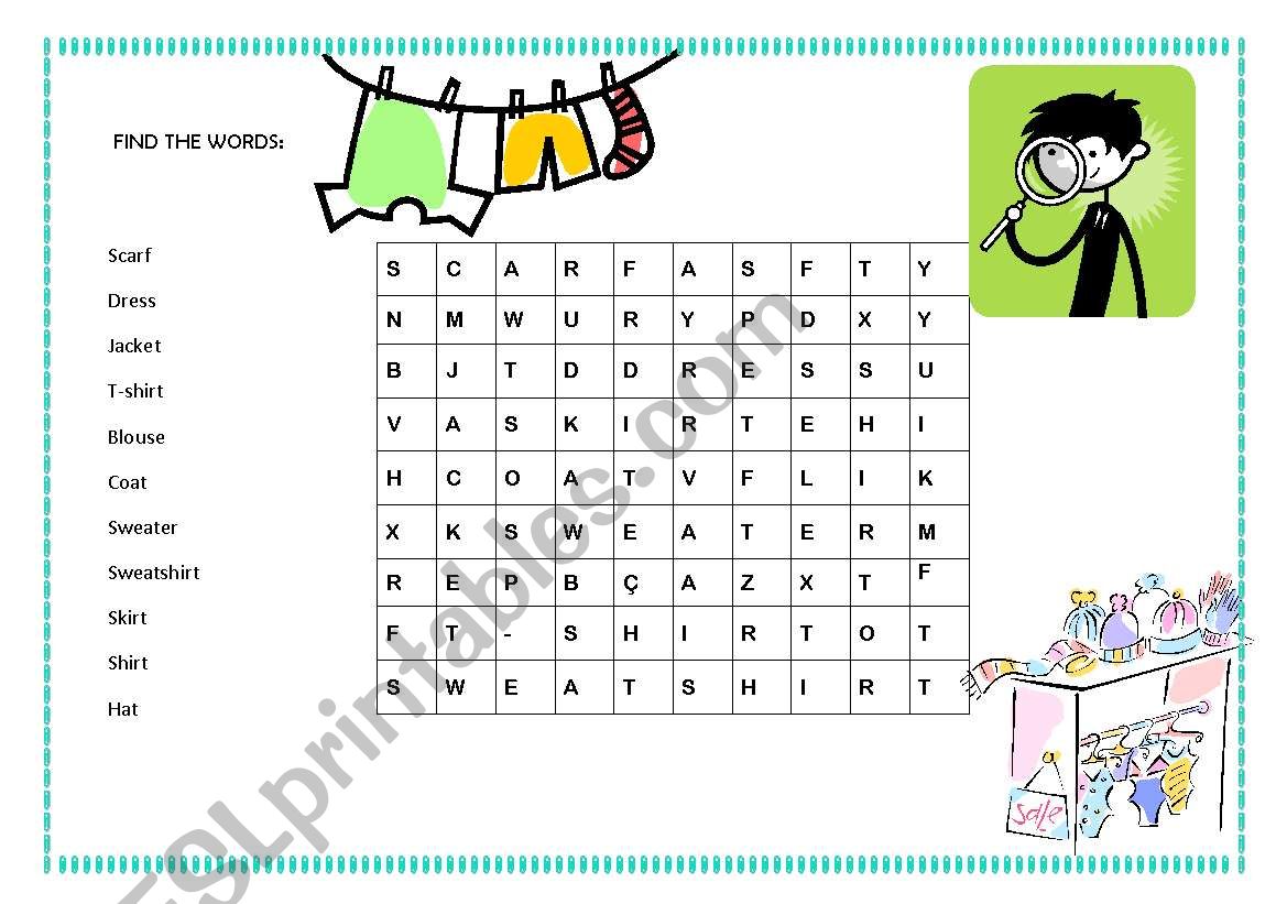 Clothes wordsearch worksheet