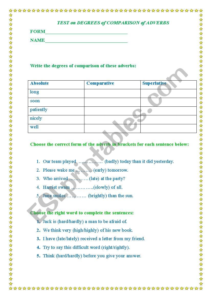 Test on degrees of comparison of adverbs