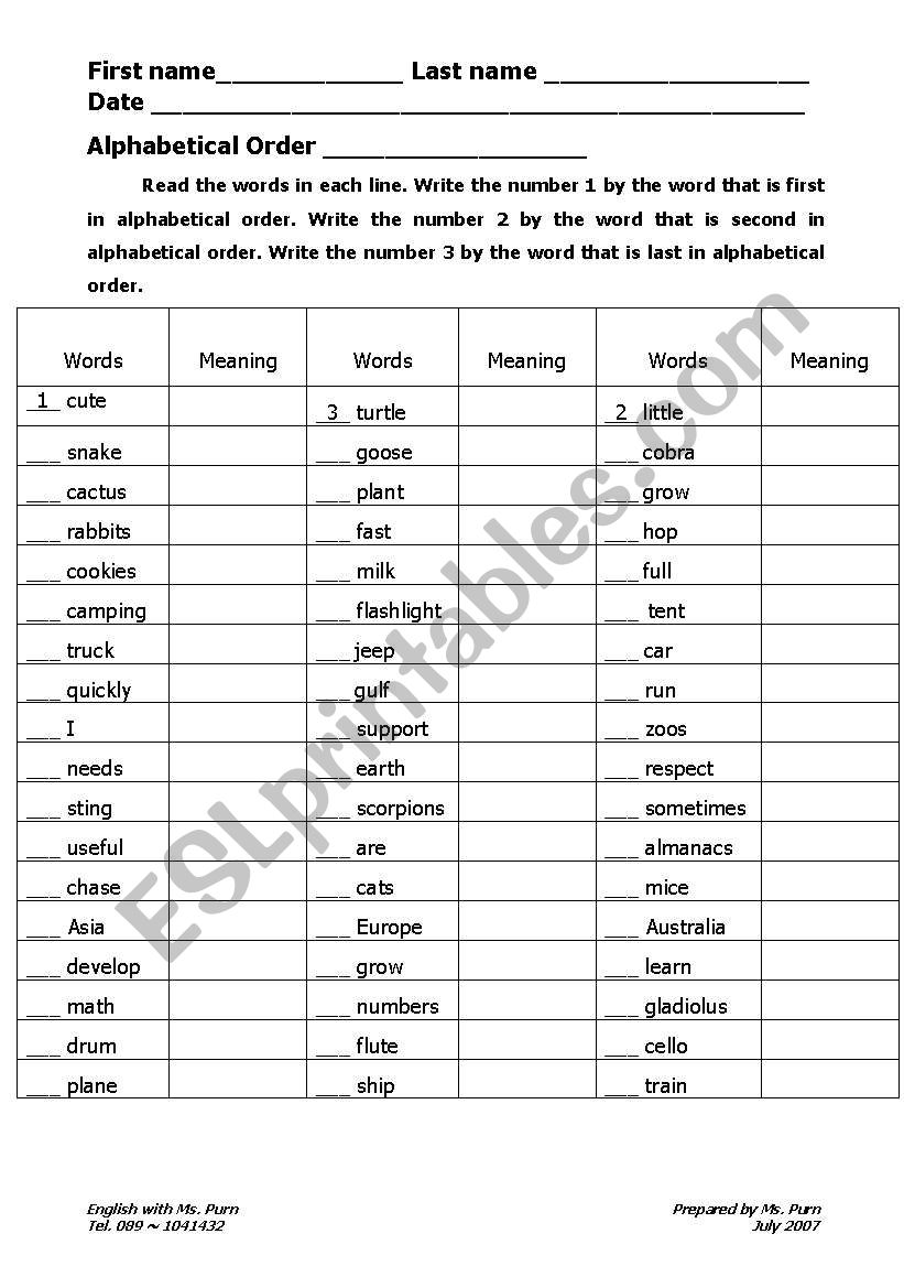 Alphabetical Order worksheet