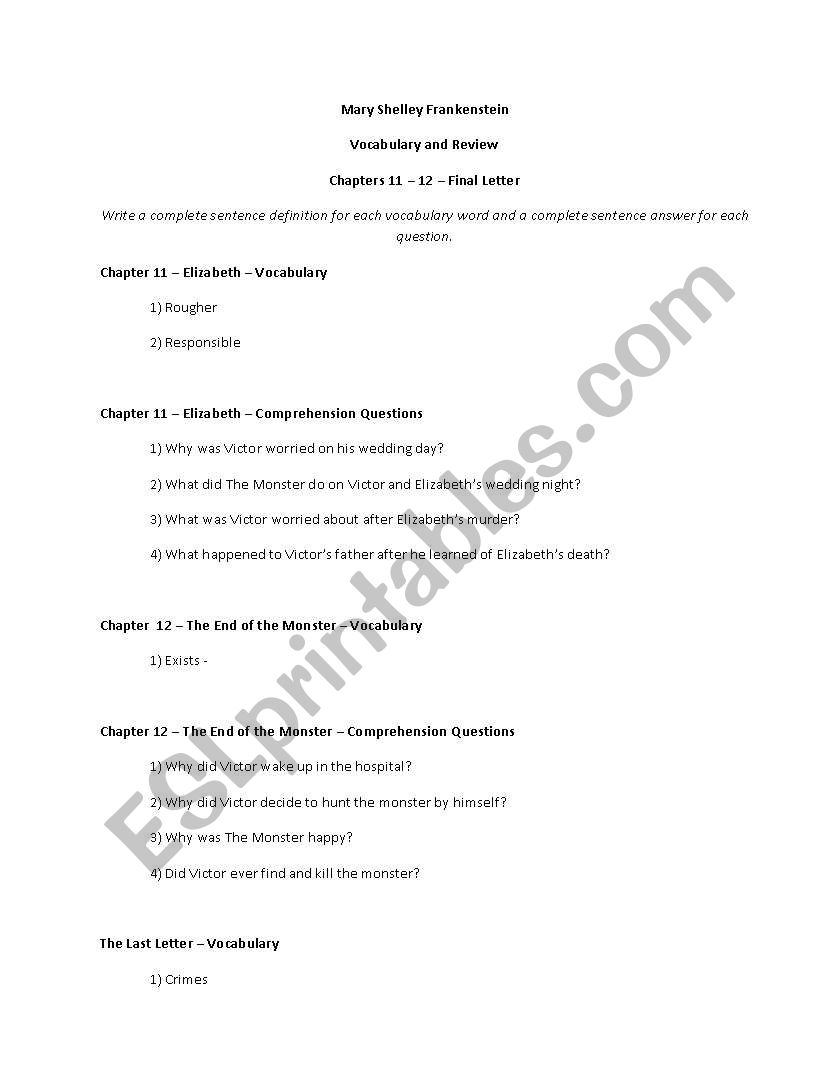 Frankenstein Penguin Readers Level 3 Ch 11 - 12 - Final Letter Vocab and Comprehension