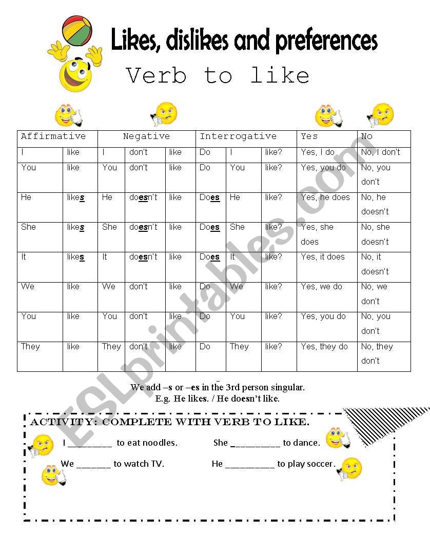 Likes and dislikes  worksheet