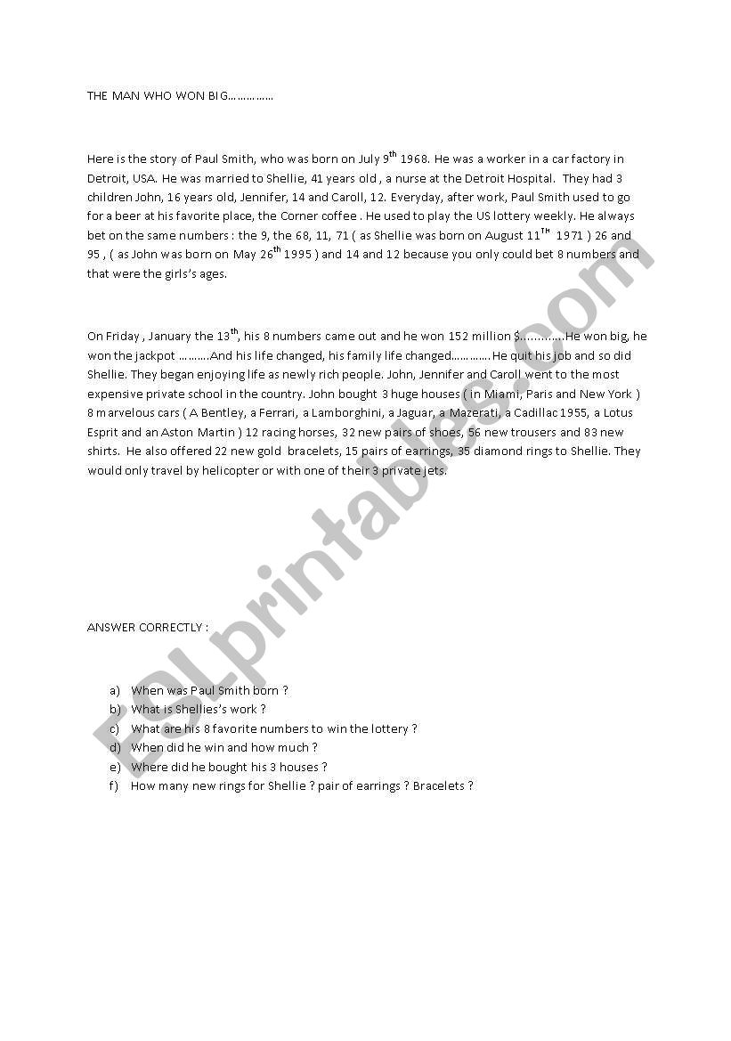 The man who won big....... worksheet