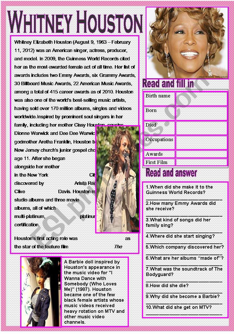 Whitney Houston worksheet