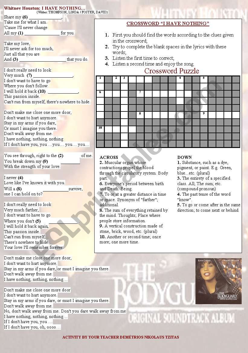 WHITNEY HOUSTON - I HAVE NOTHING... CROSSWORD