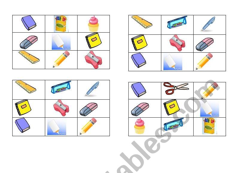 SCHOOL OBJECTS BINGO CARDS worksheet