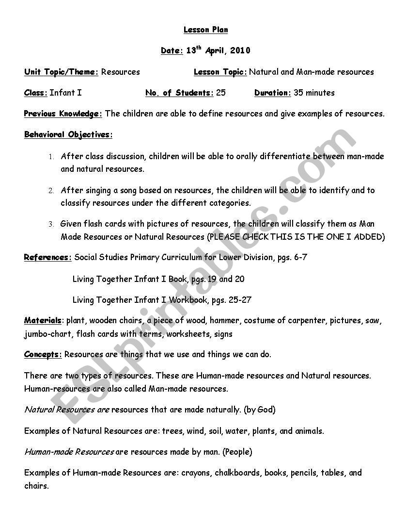 LESSON PLAN- RESOURCES worksheet