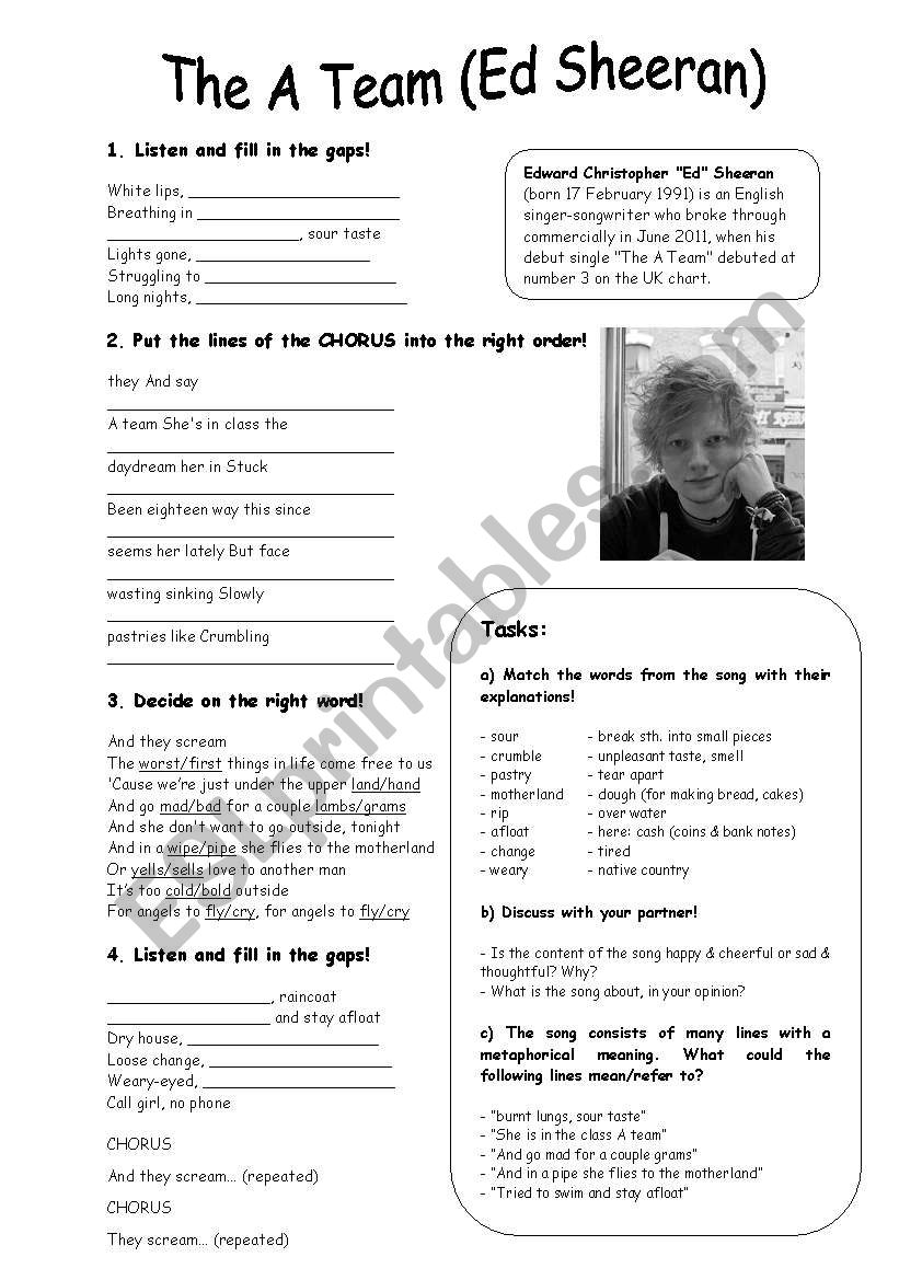 The A Team Ed Sheeran worksheet