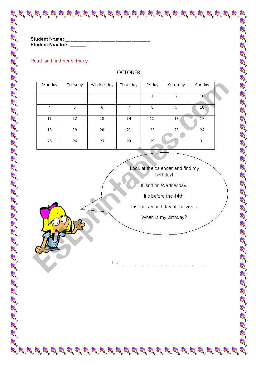 Calender worksheet