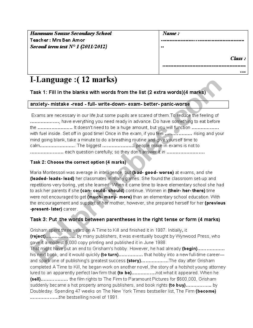 First year Tunisian exam  worksheet