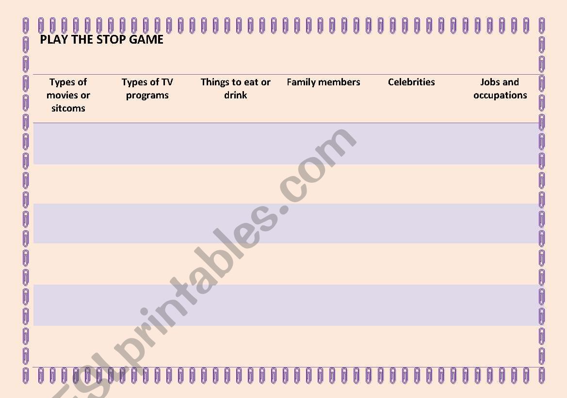 Stop game worksheet