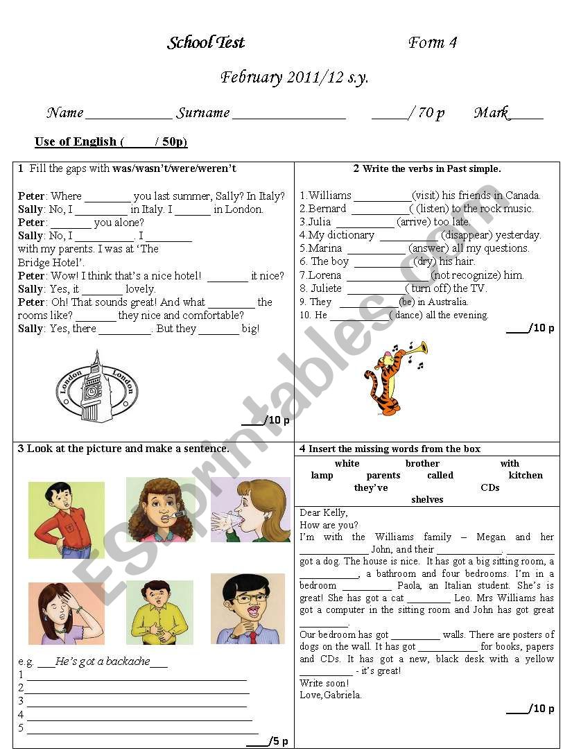 Test Form 4 worksheet